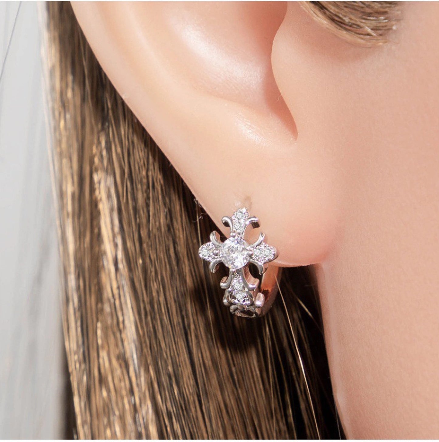 Dainty Cz Cross Hoop Earring, Cartilage Piercing Huggie Hoop (Single)