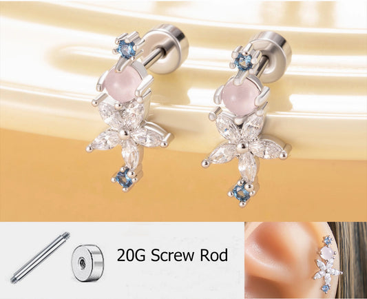 Dainty CZ Flower Dangle Stud Earrings, 20G Helix Cartilage Piercing