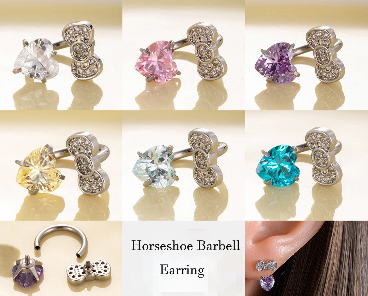 Cz Heart Bow Double End Horseshoe Barbell Earring, Cartilage Piercing Studs