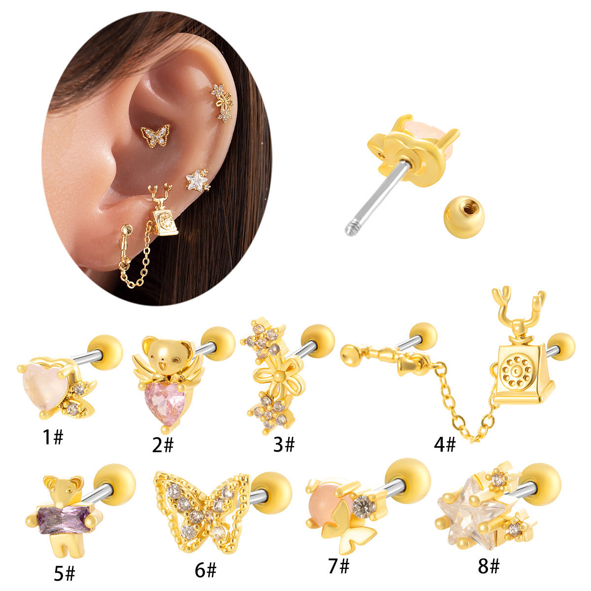 Cubic Zirconia Cartilage Stud Earrings, 20G Screw Ball Back Piercings