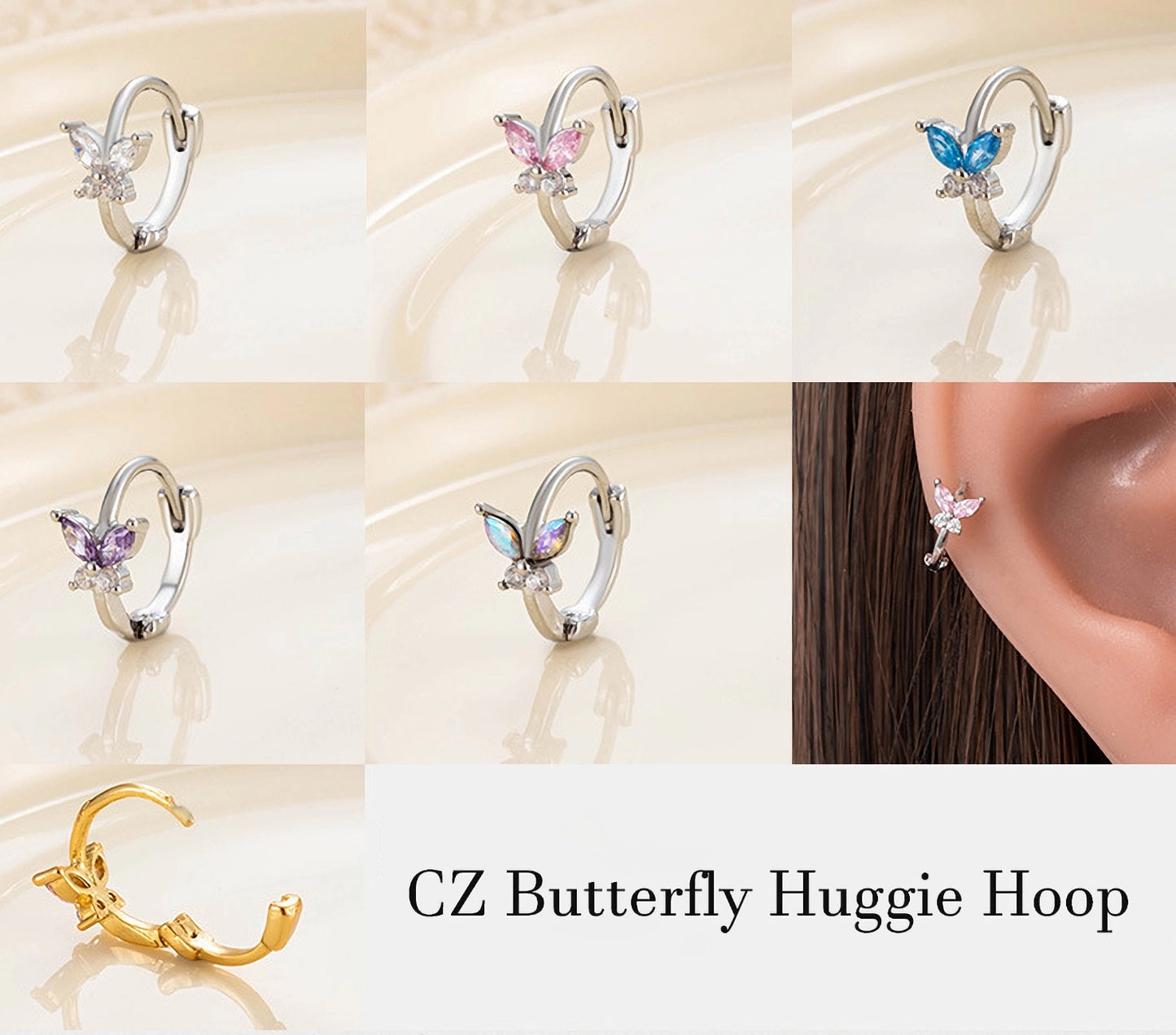 Dainty CZ Butterlfy Huggie Hoops, Cartilage Piercings