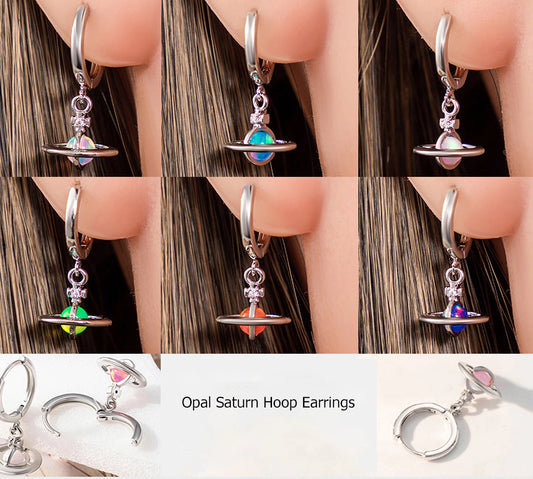 Opal Saturn Dangle Hoop Earring, Sweet Girl Earrings