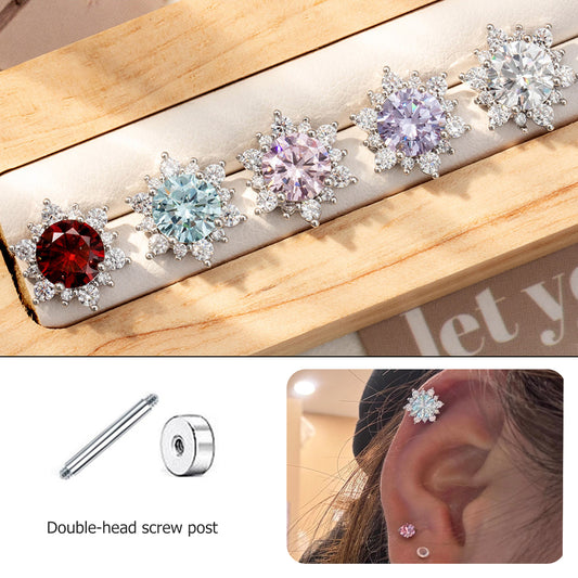 CZ Snowflake Cartilage Stud Earrings, 20G Screw Back Piercing
