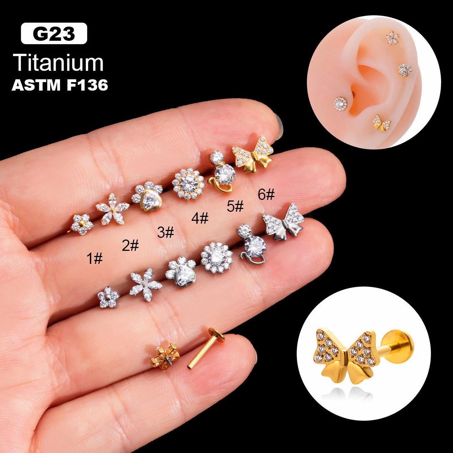 Dainty 16G CZ Internal Thread Labret, Flat Back Conch Studs