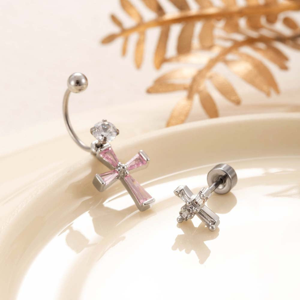 20G Zircon Cross Horseshoe Barbell Earring, Cartilage Piercing Studs