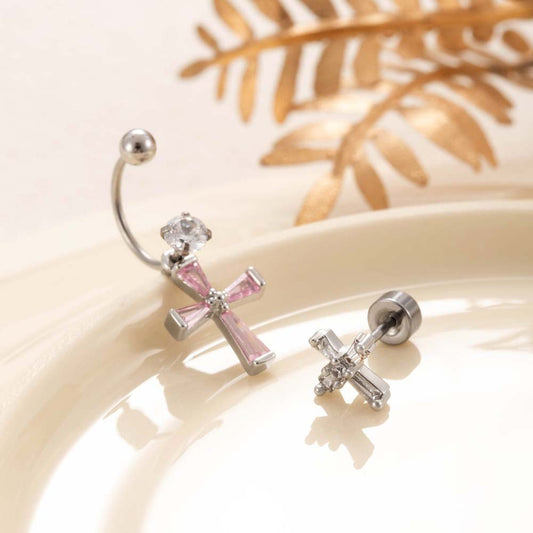 20G Zircon Cross Horseshoe Barbell Earring, Cartilage Piercing Studs
