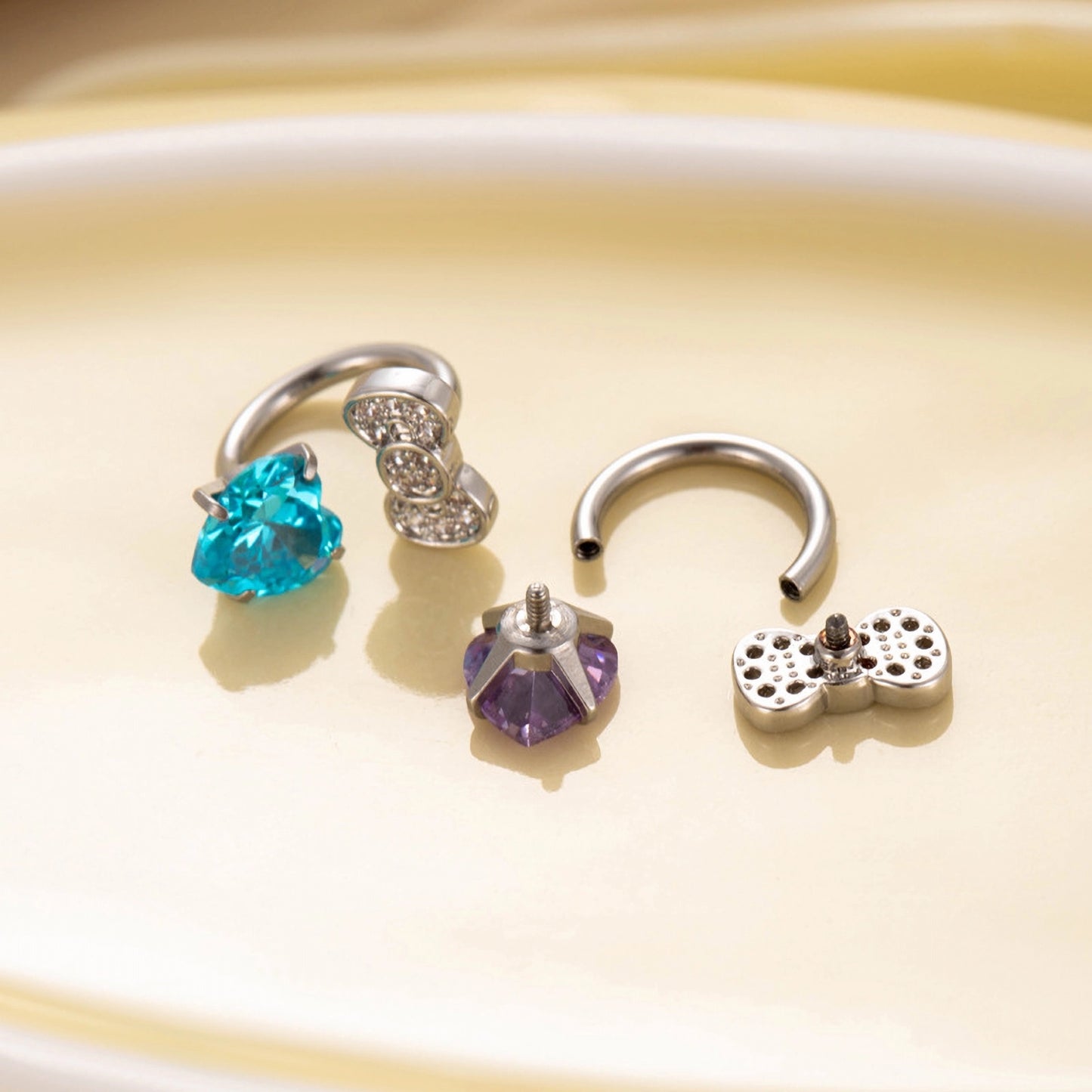 Cz Heart Bow Double End Horseshoe Barbell Earring, Cartilage Piercing Studs
