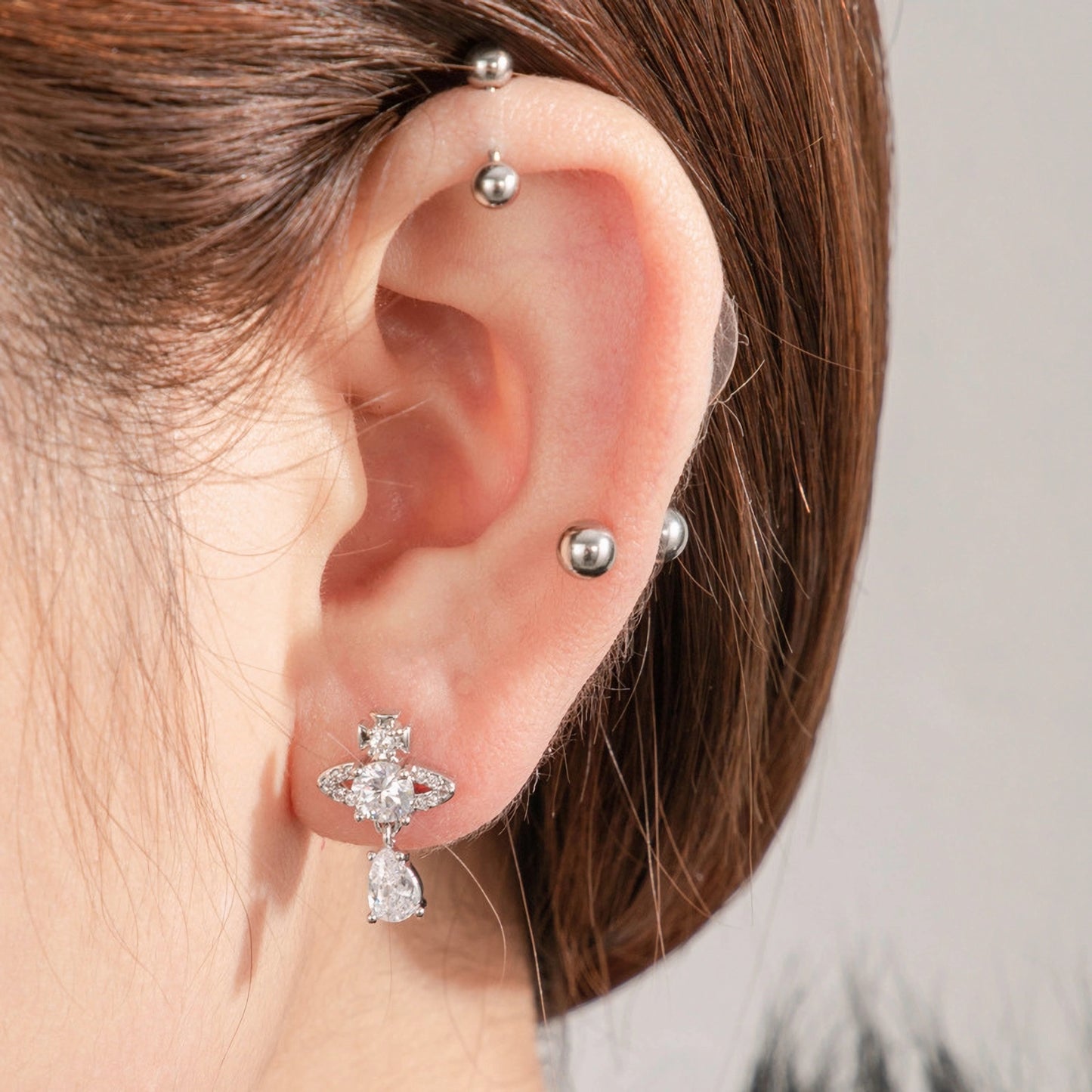 Saturn CZ Stud Earring, 20G Screw Back Helix Piercing