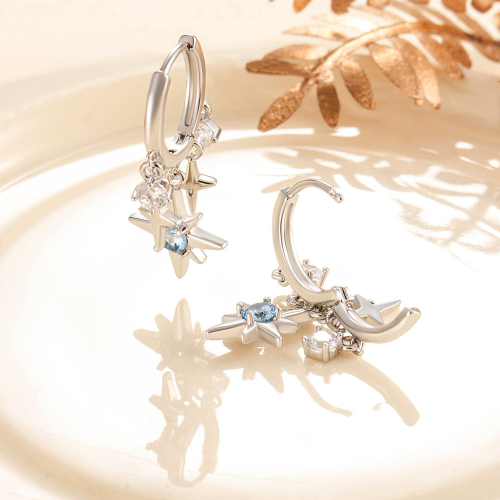 CZ Octagonal Star Dangle Hoop Earrings