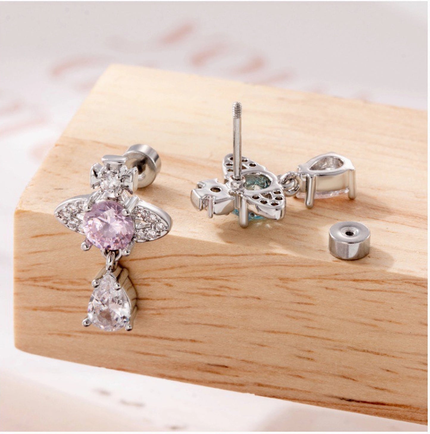 Saturn CZ Stud Earring, 20G Screw Back Helix Piercing