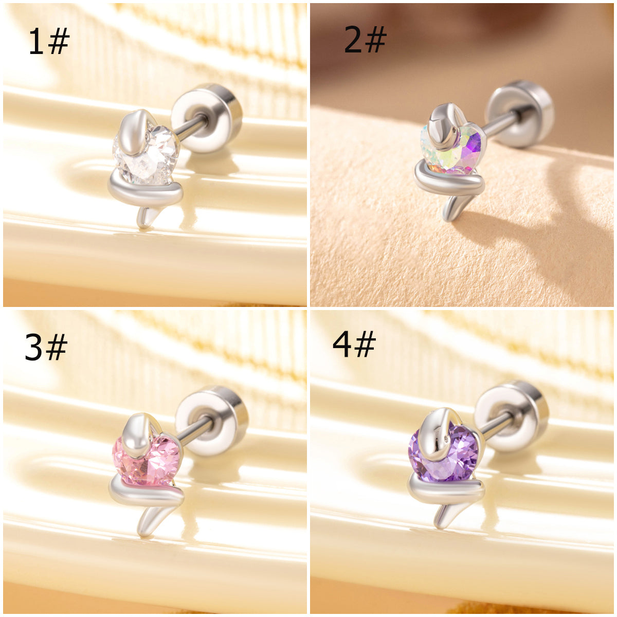 CZ Love Heart Snake Stud Earrings, 20G Helix Cartilage Piercing