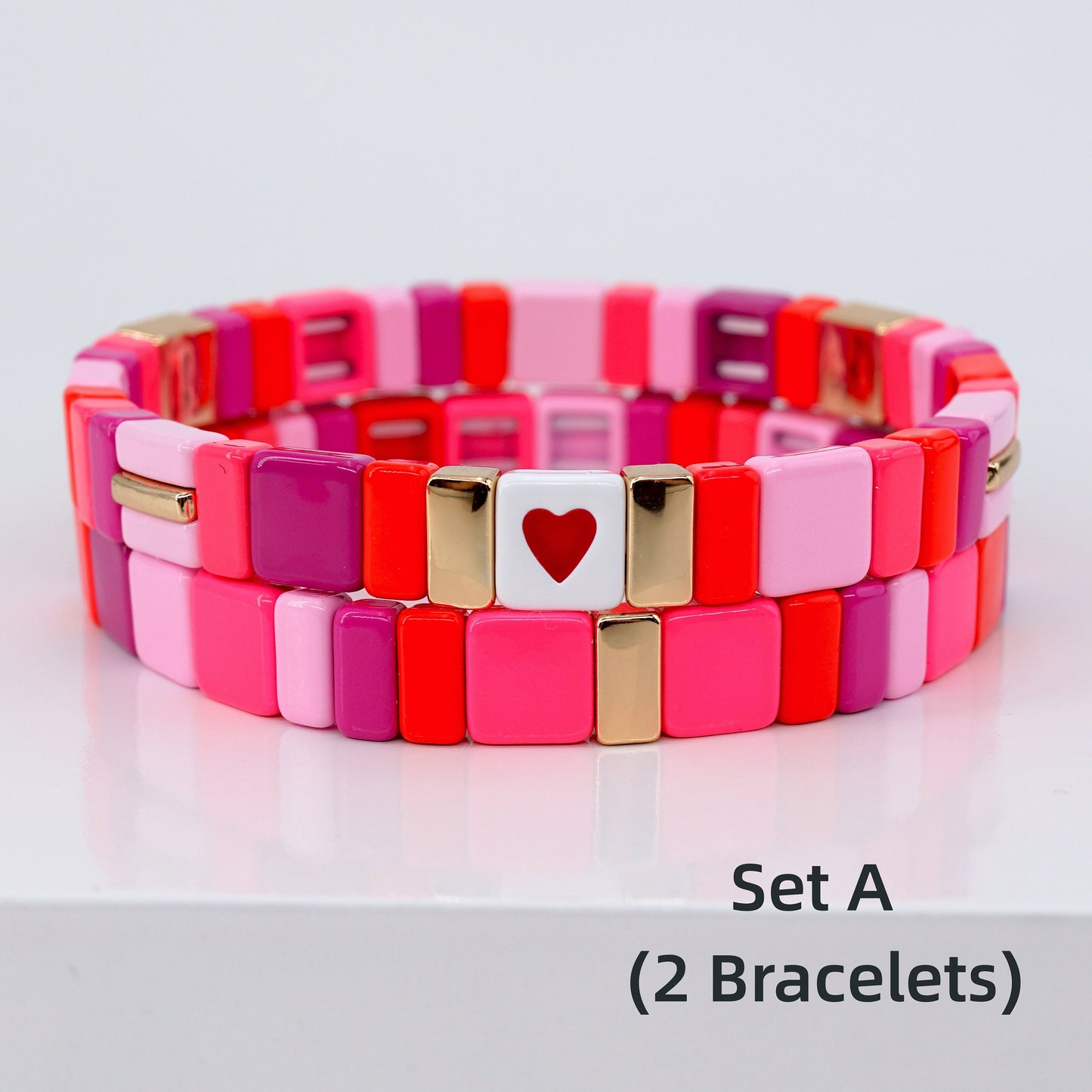 Hot Pink Square Enamel Tile Bead Bracelet for Summer