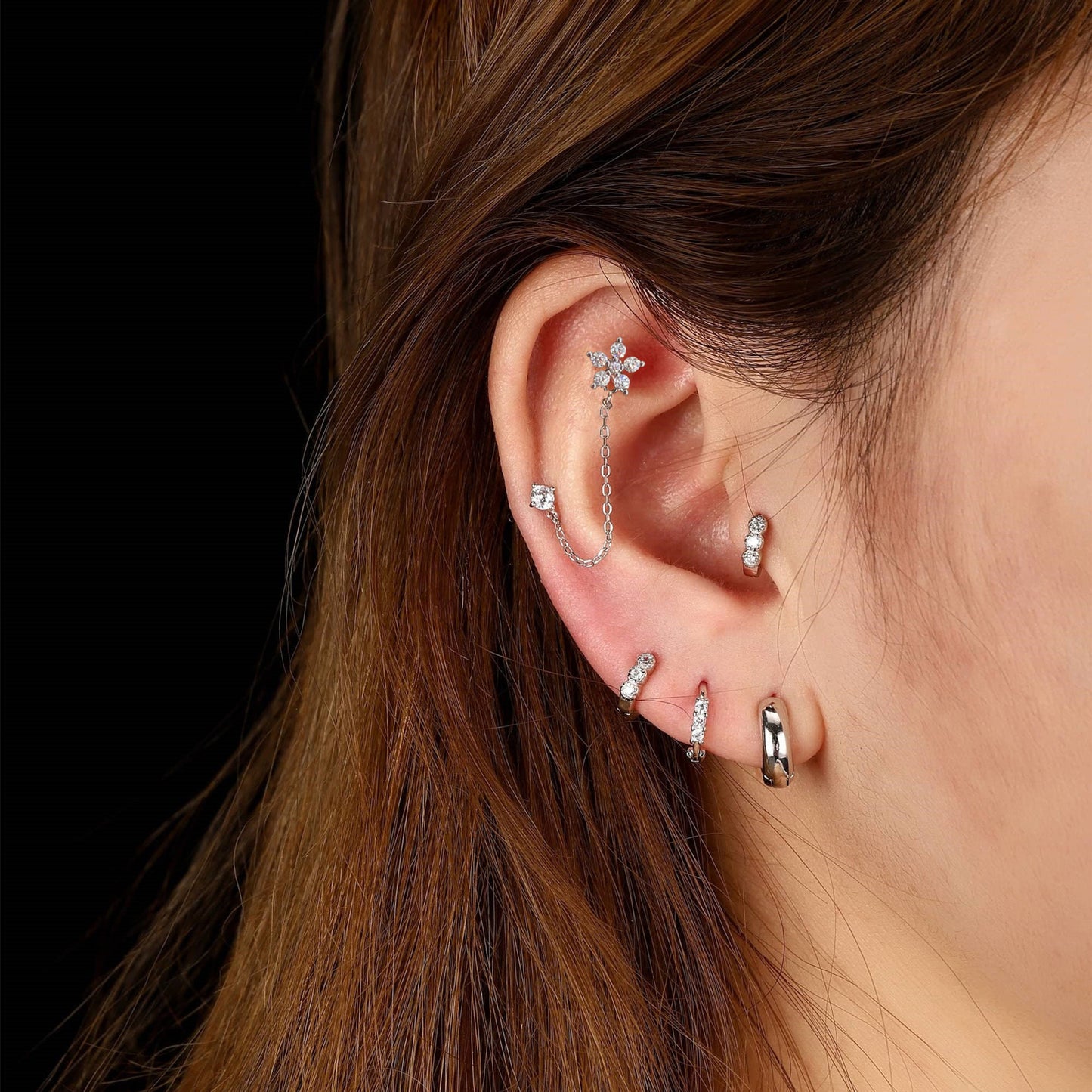 20G Chain CZ Stud Earring, Cartilage/Helix Piercing