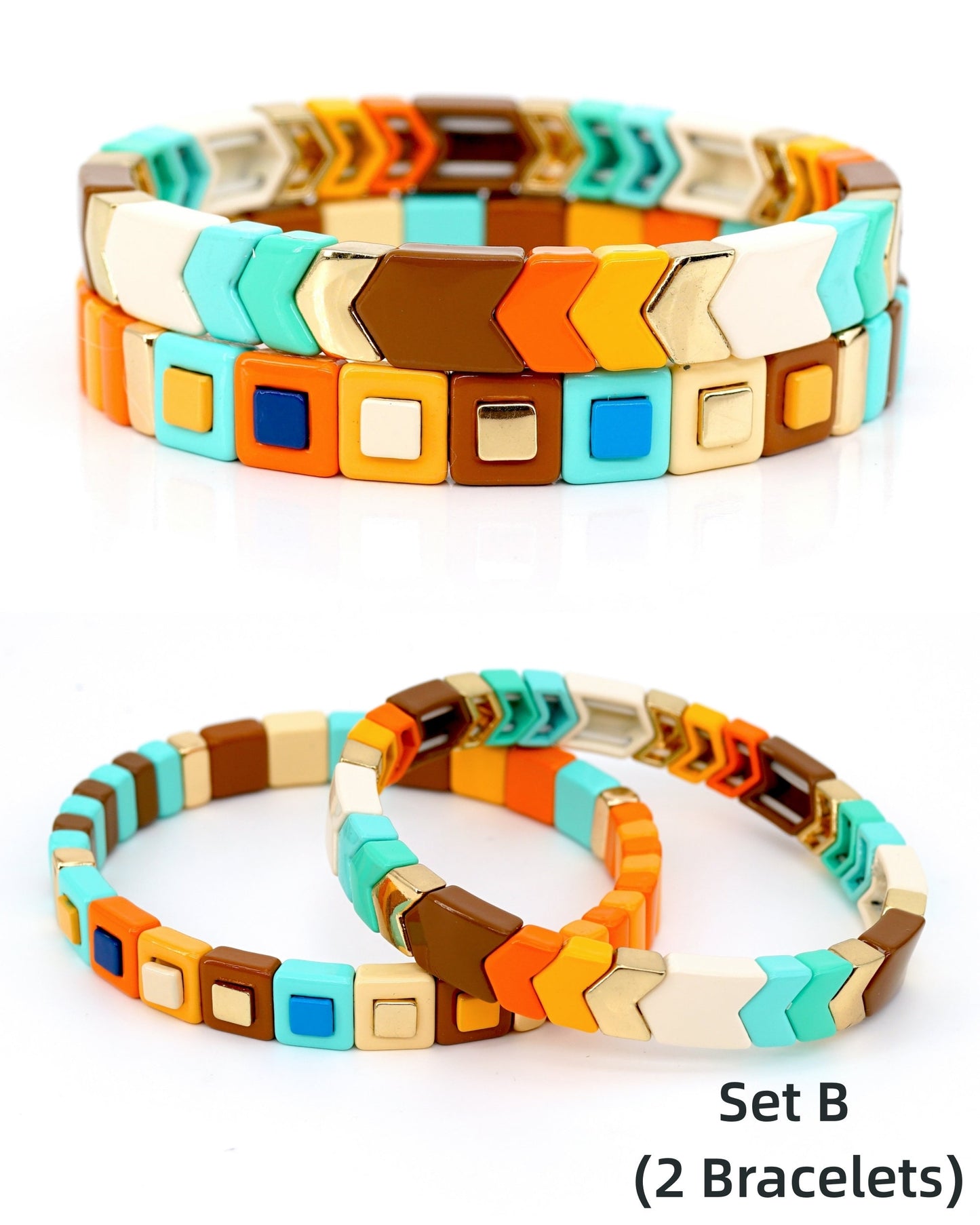 Maillard Color Enamel Tile Bead Bracelets Set, Stacking Bracelet