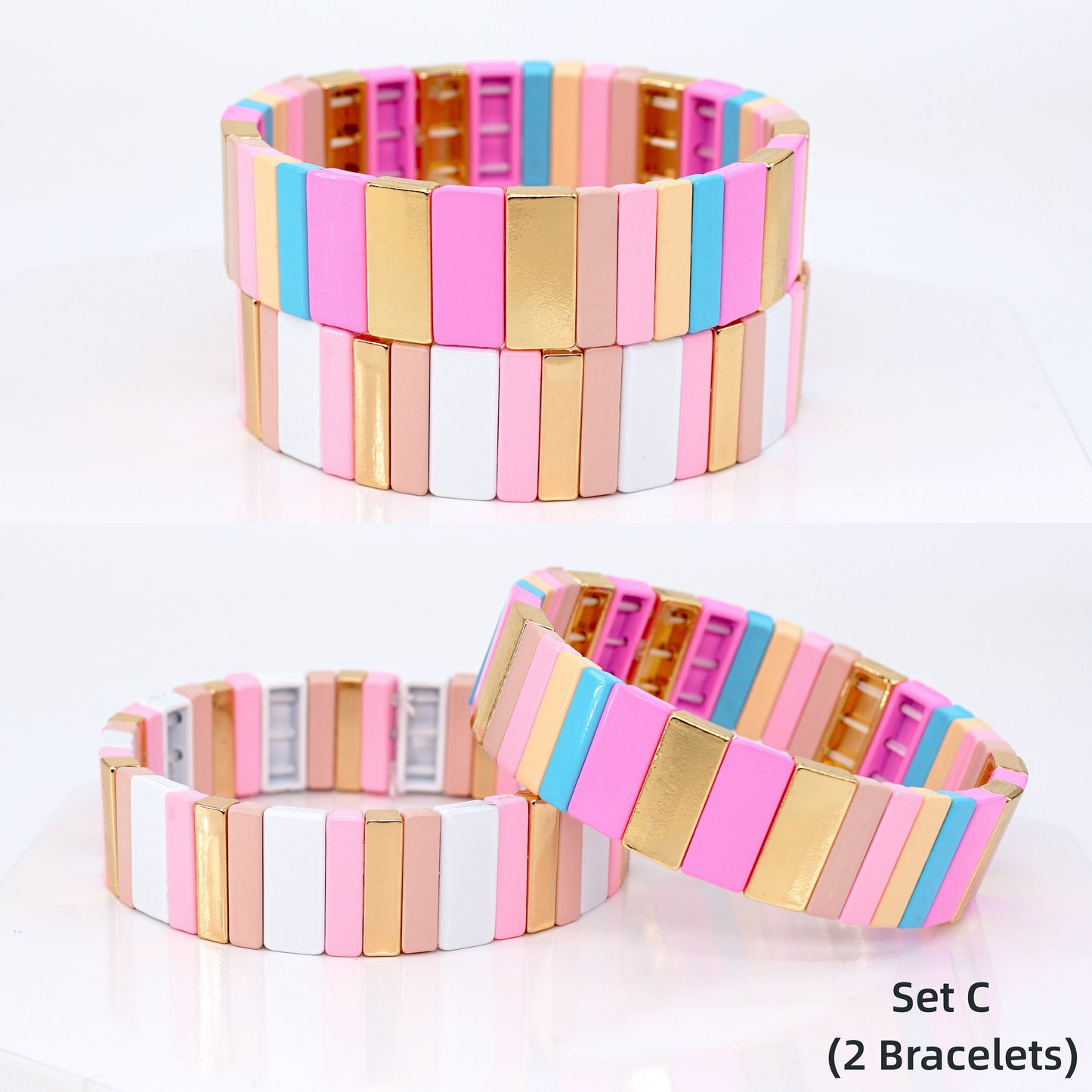 Rainbow Enamel Tile Bead Bracelet, Summer Colorblock Bracelets Set