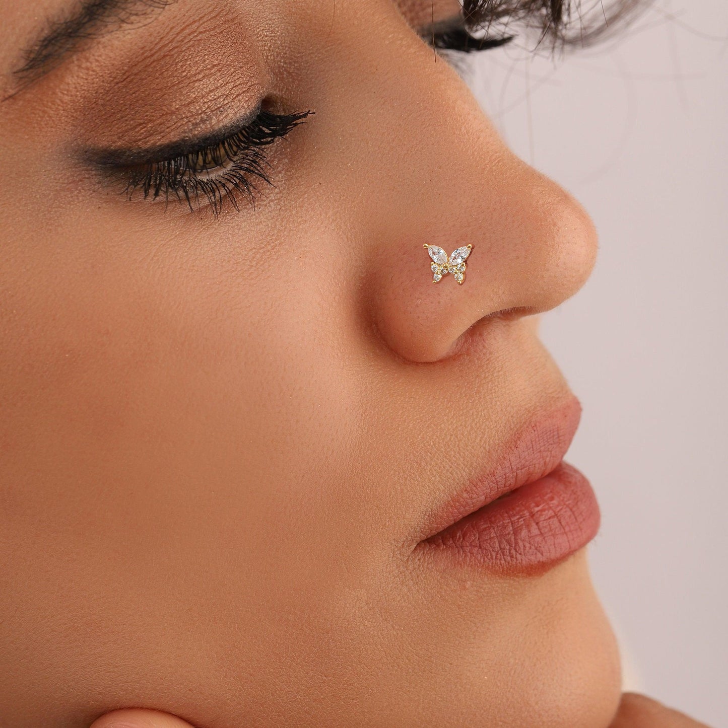 20G Butterfly CZ Nose Stud, L-Shaped Dangle Nose Ring