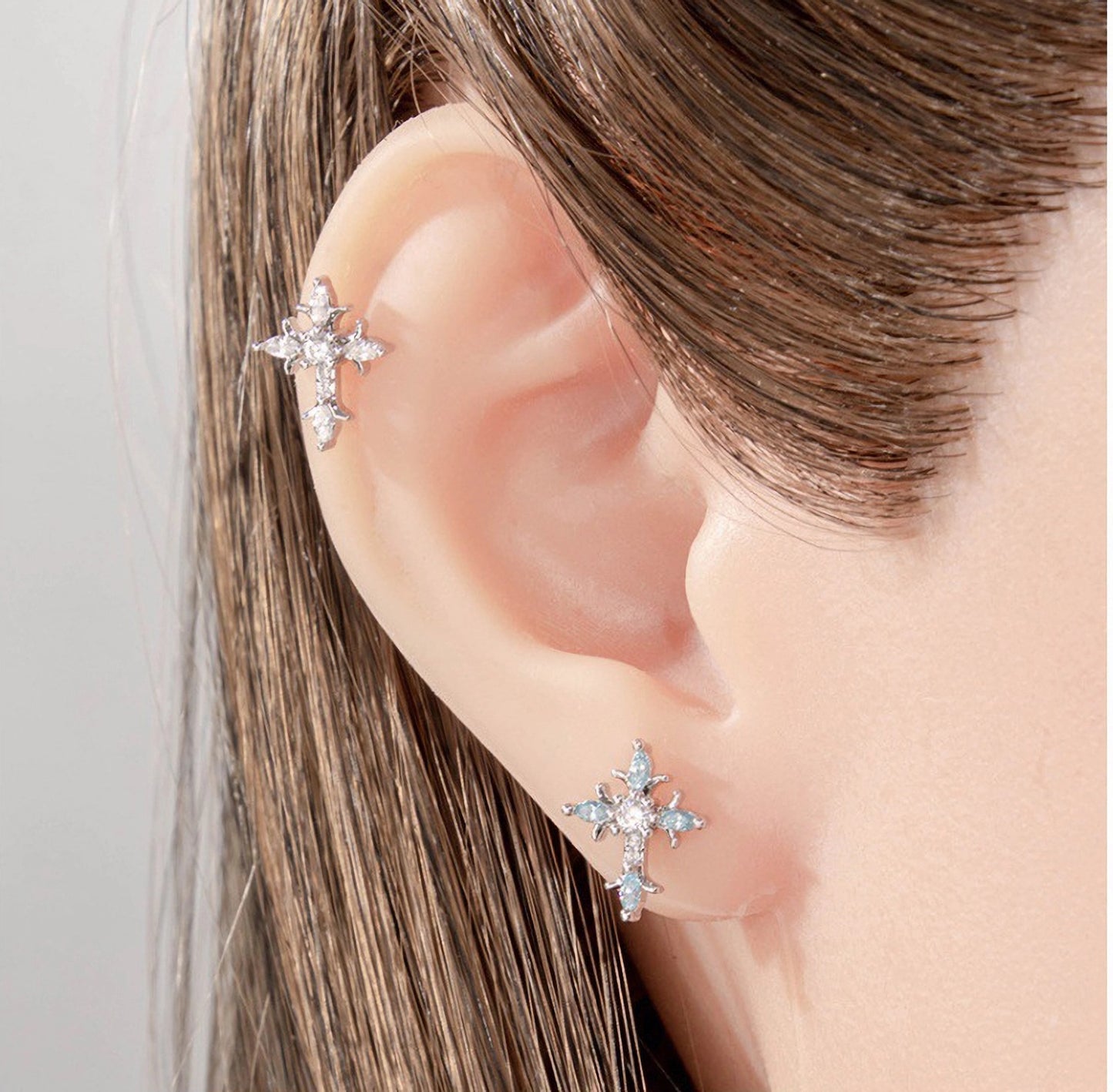 Dainty CZ Cross Stud Earrings, 20G Helix Cartilage Piercing