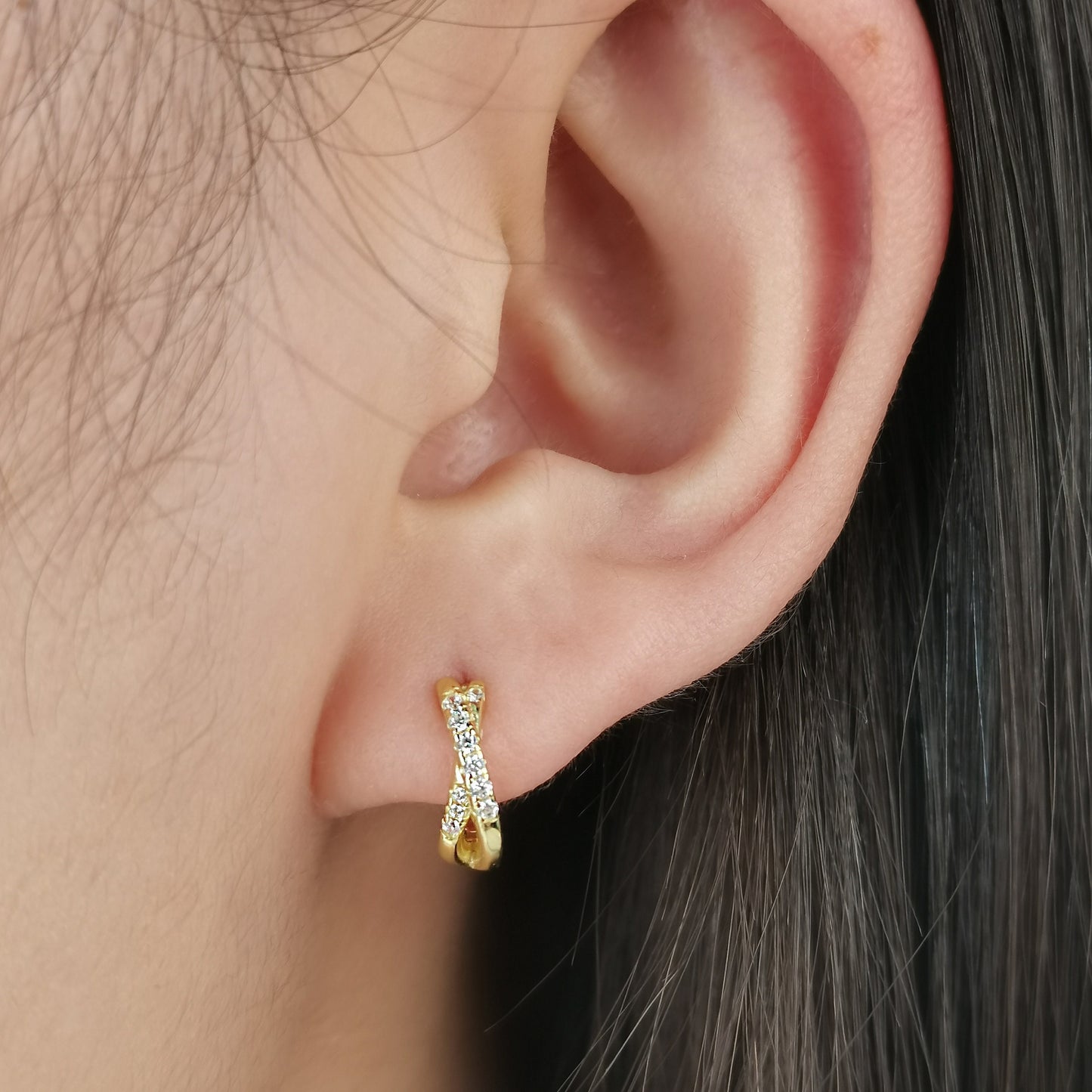 Paved CZ Criss Cross Huggie Hoop Earrings