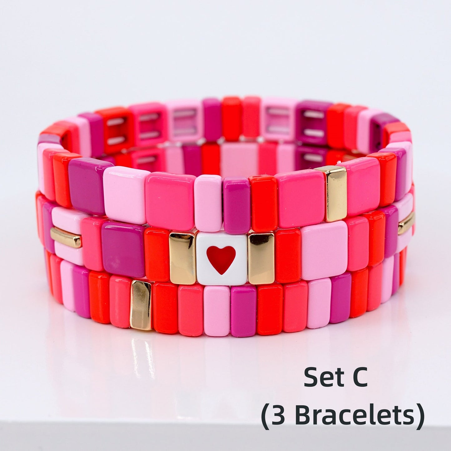 Hot Pink Square Enamel Tile Bead Bracelet for Summer