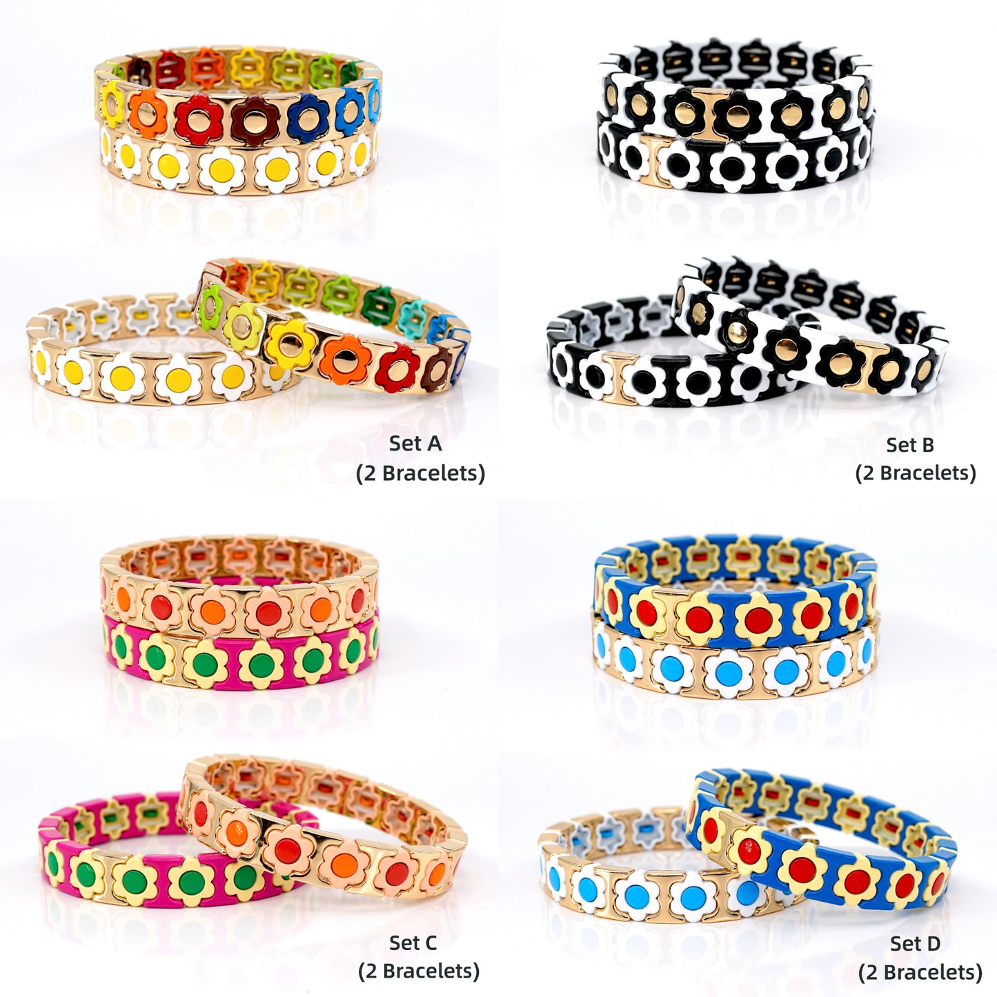 Rainbow Flower Enamel Tile Bead Bracelet for Summer