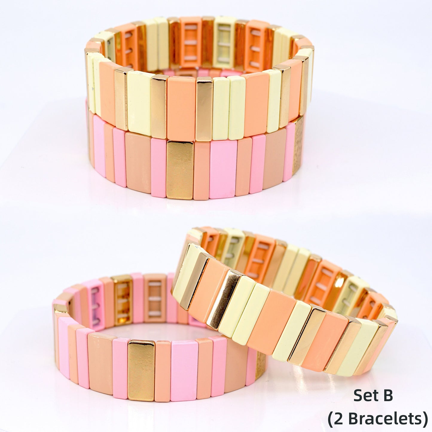 Rainbow Enamel Tile Bead Bracelet, Summer Colorblock Bracelets Set