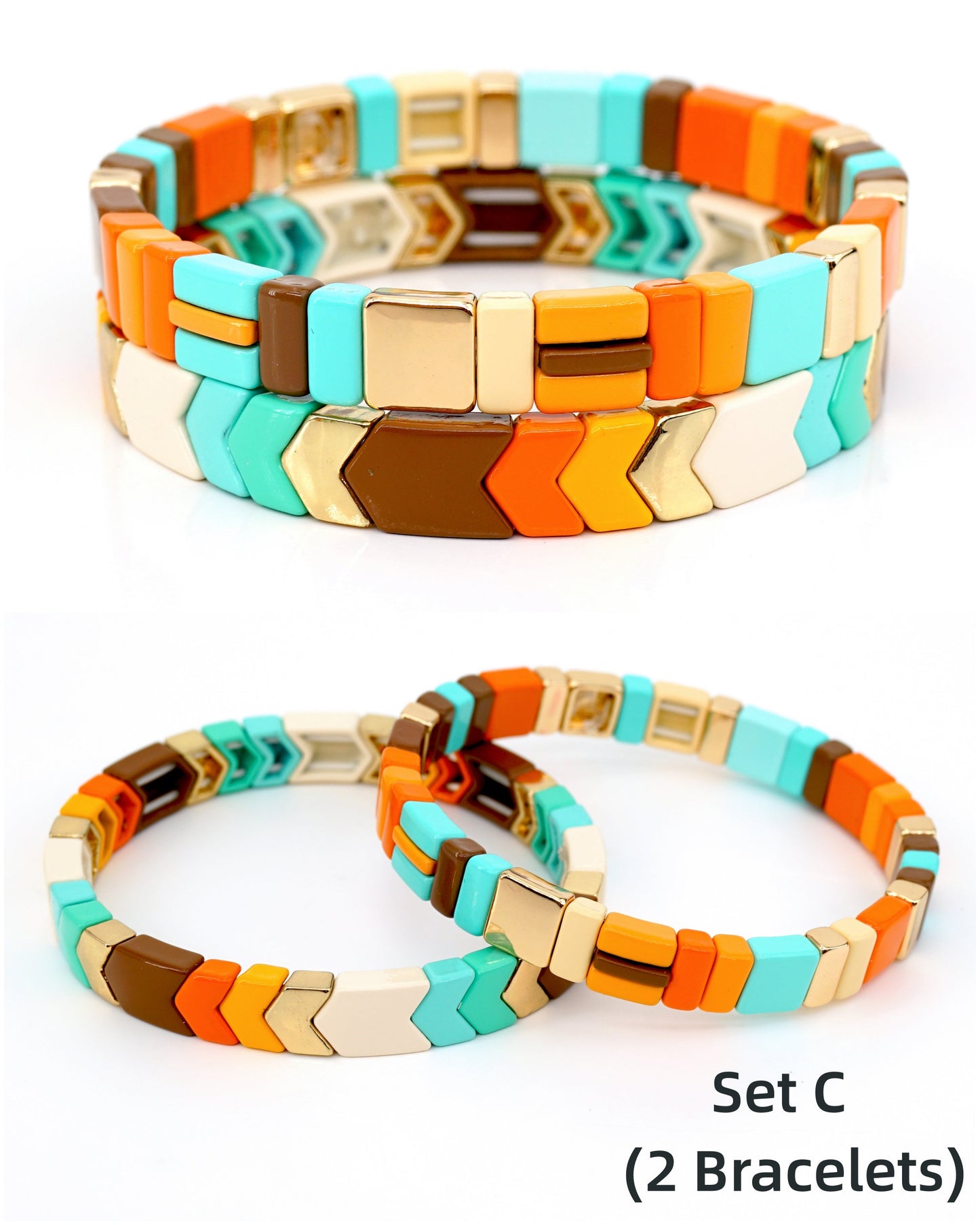 Maillard Color Enamel Tile Bead Bracelets Set, Stacking Bracelet