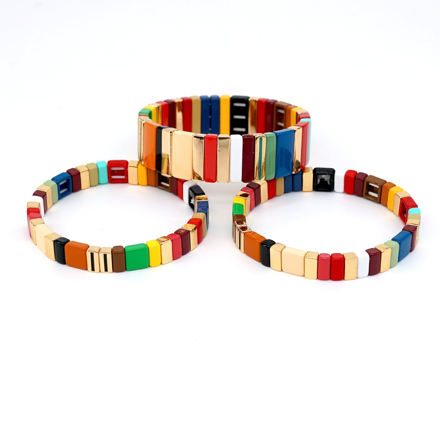 Colored Enamel Tile Bead Bracelets Set, Stacking Bracelet