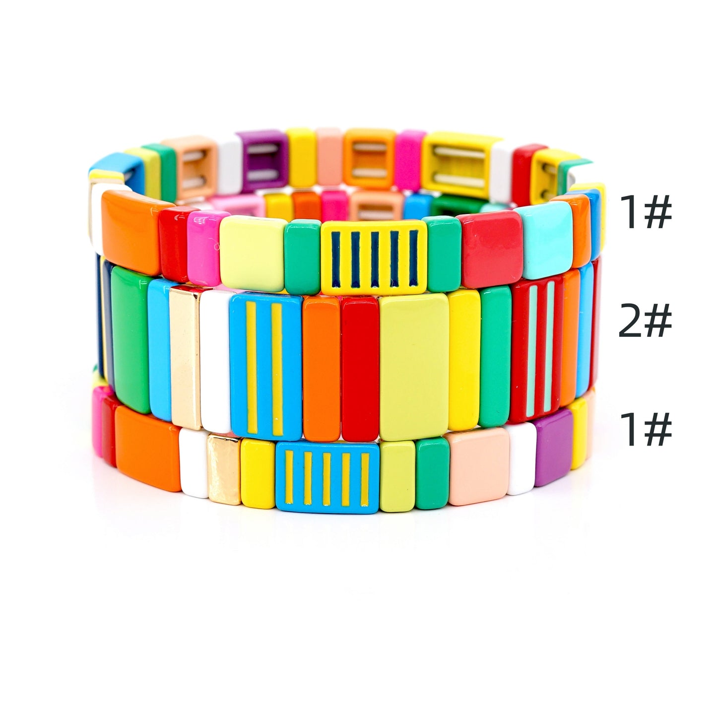 Enamel Tile Bead Colorblock Bracelets Set, Stacking Bracelet