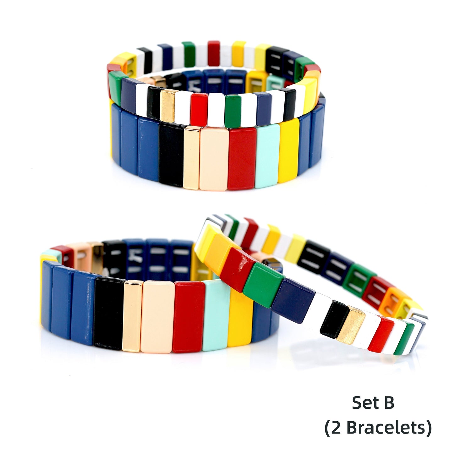 Rectangle Colorblock Enamel Tile Bead Bracelet for Summer