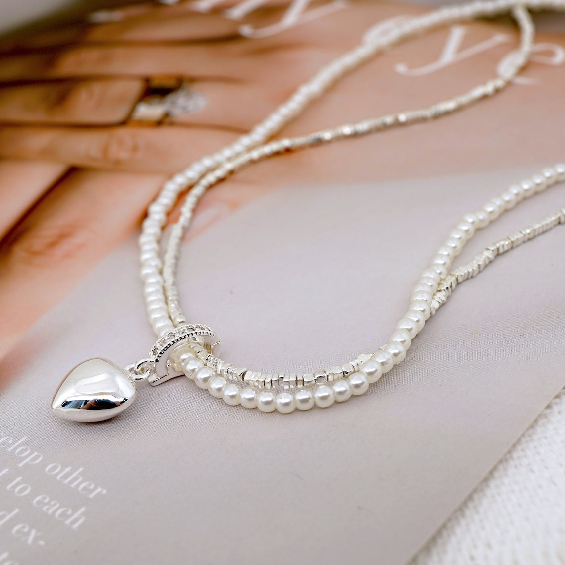 Double Layer Pearl Necklace With Heart Pendant