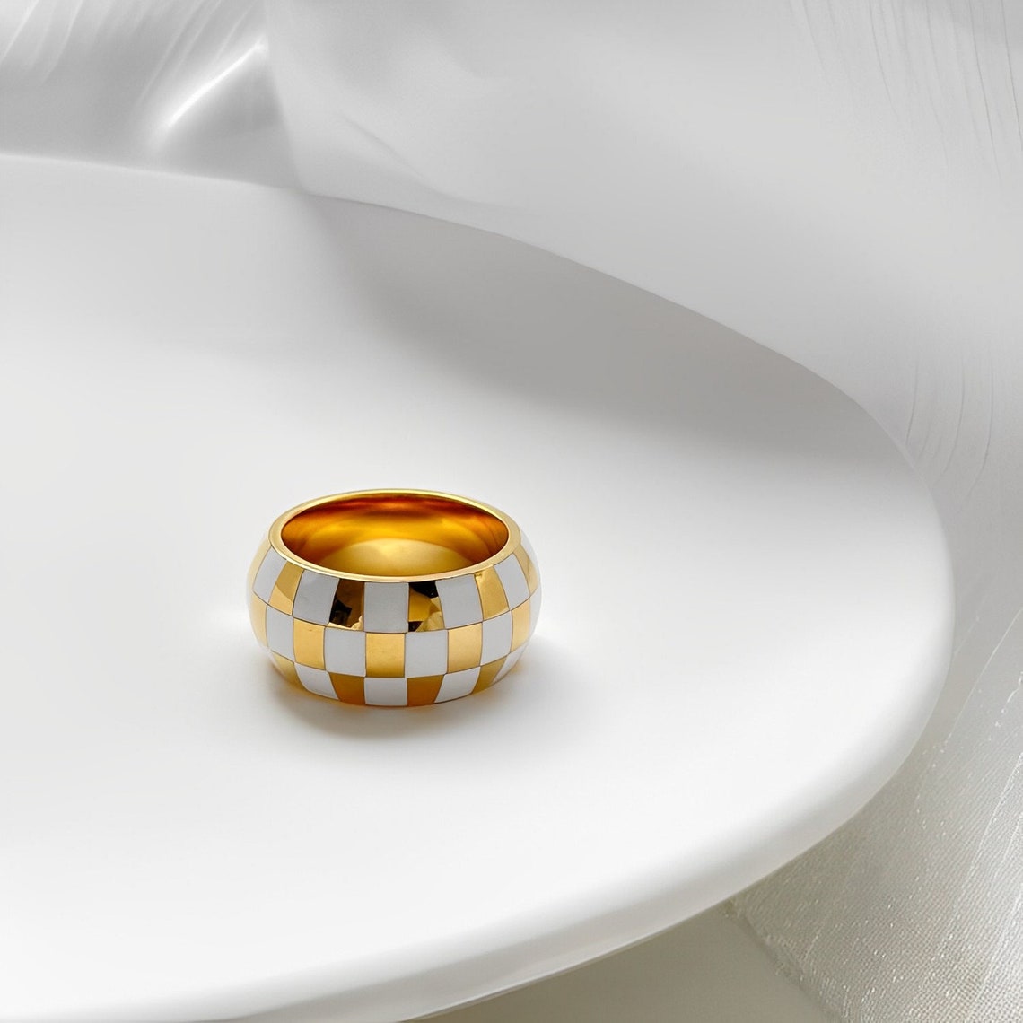 Gold & White Checker Ring, Statement Enamel Ring