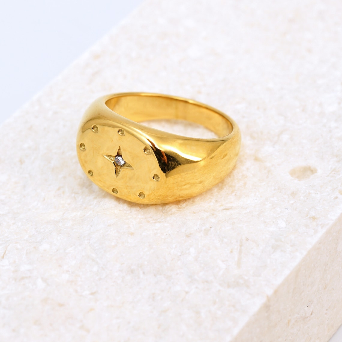 Gold Starburst Signet Ring, Statement  North Star Ring