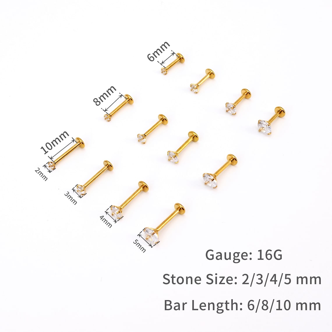 16G CZ Internal Thread Labret, Flat Back Conch Stud