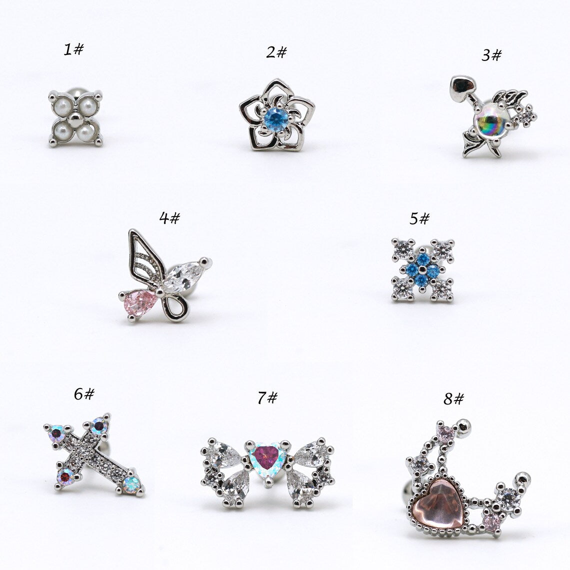 20G Colored CZ Stud Earrings, Tragus Cartilage Helix Piercings