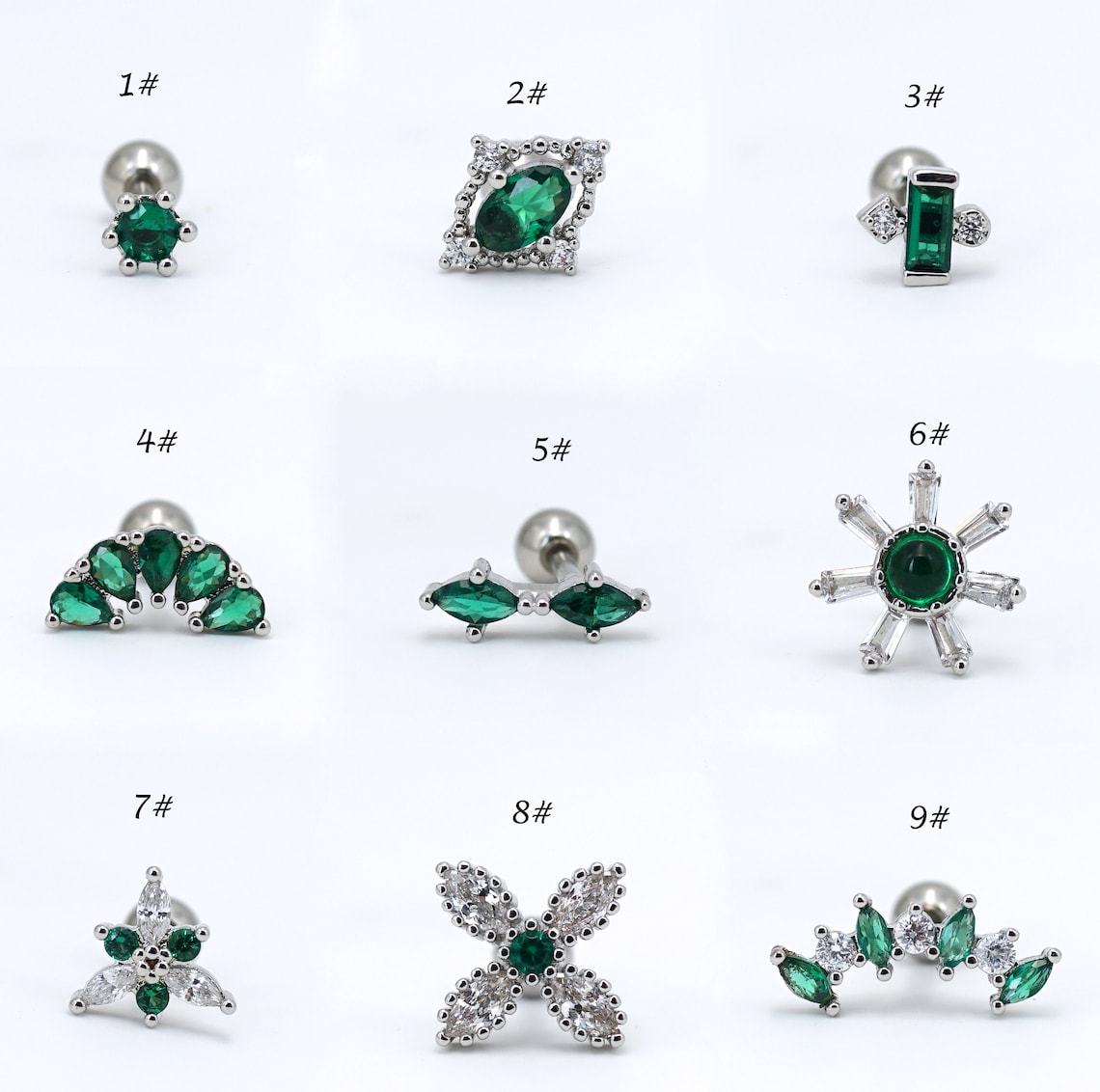 Emerald Green CZ Stud Earrings, 16G Screw Back Studs