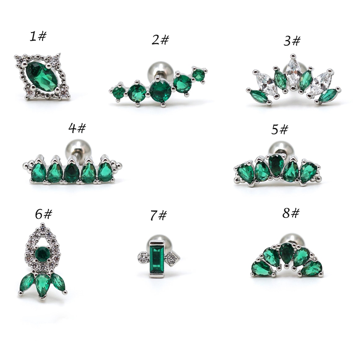 Emerald Green CZ Stud Earring 16G, Screw Back Studs