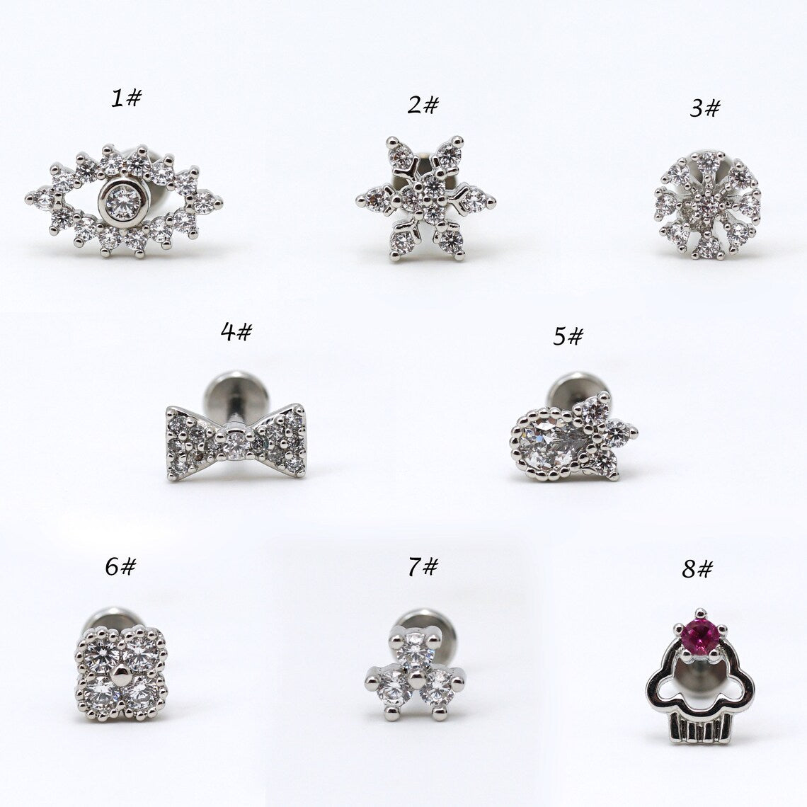 16G CZ Cartilage Stud Earrings, Threadless Push Pin Labret