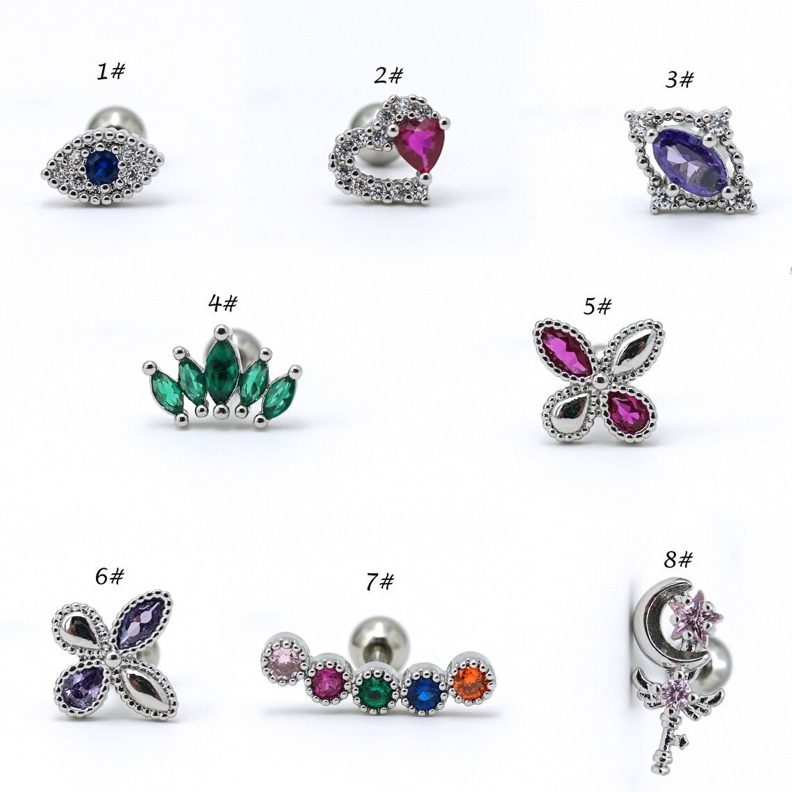 16G Colored CZ Stud Earrings Screw Back Piercing