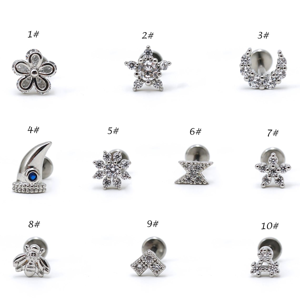 16G Push Pin Labret Stud, Zirconia Threadless Flat Back Piercing