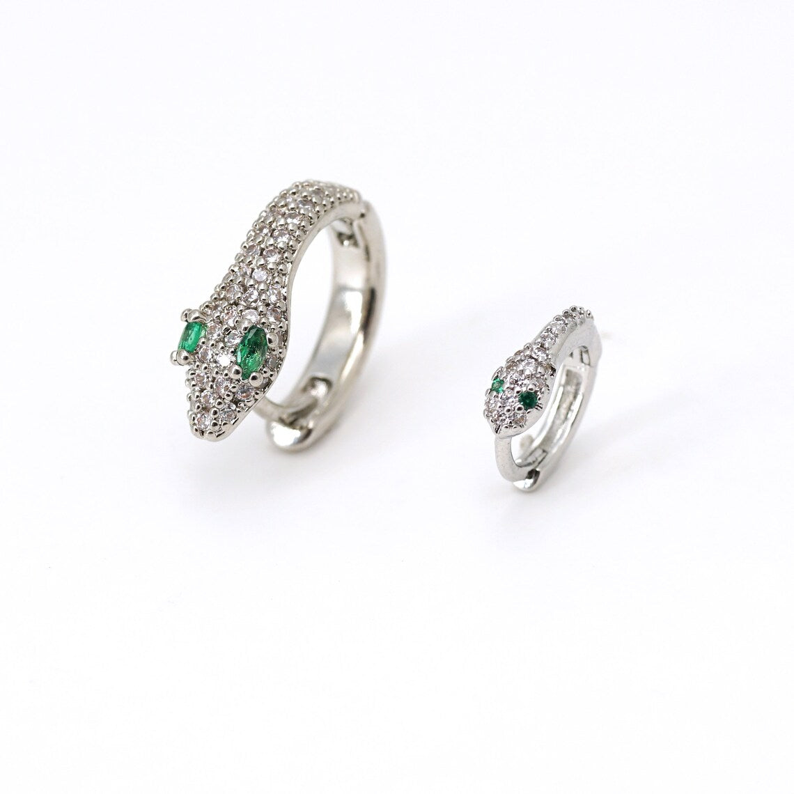 6mm 10mm CZ Snake Hoop Earrings, Emerald Serpent Jewelry