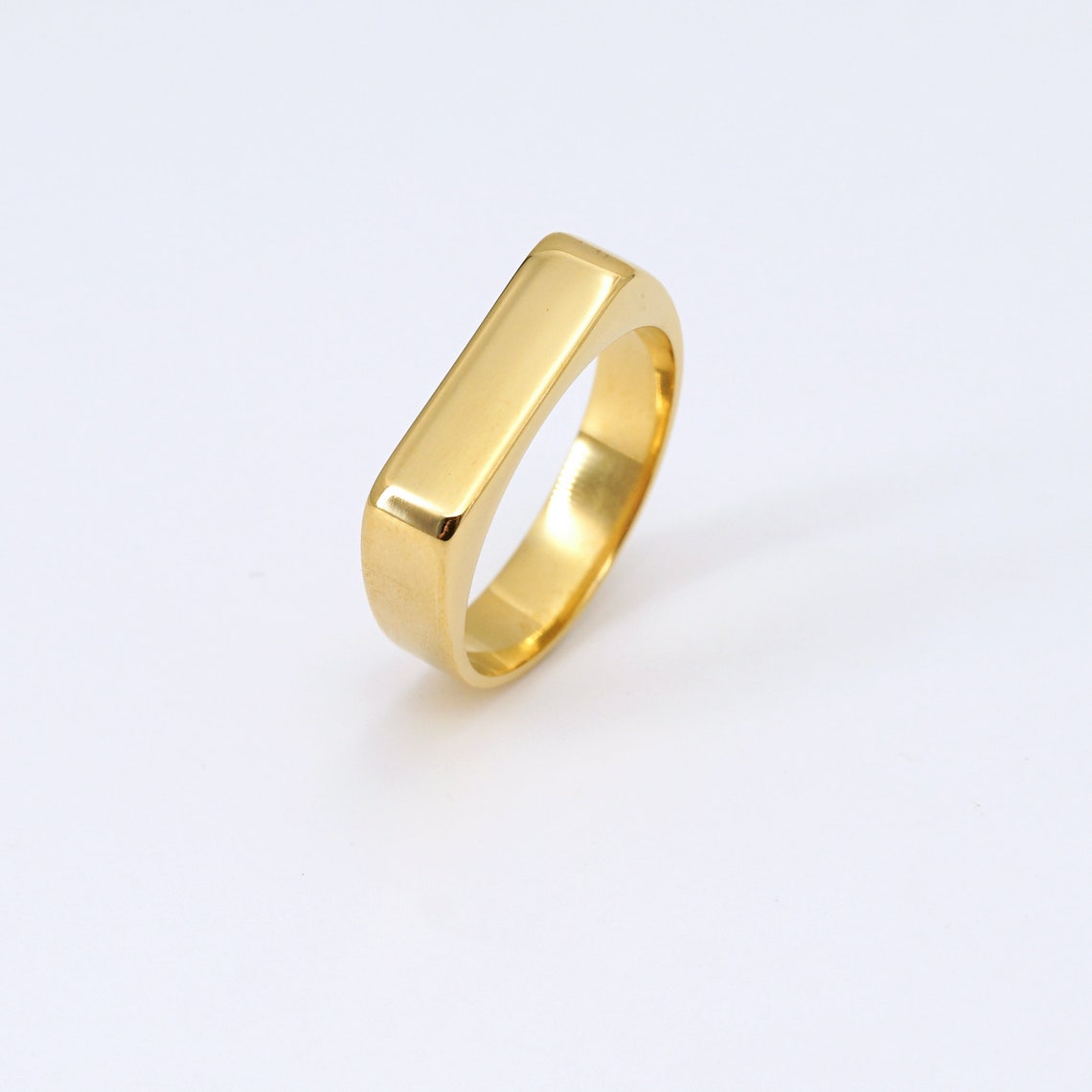 Gold Flat Bar Signet Ring, Waterproof Titanium Ring