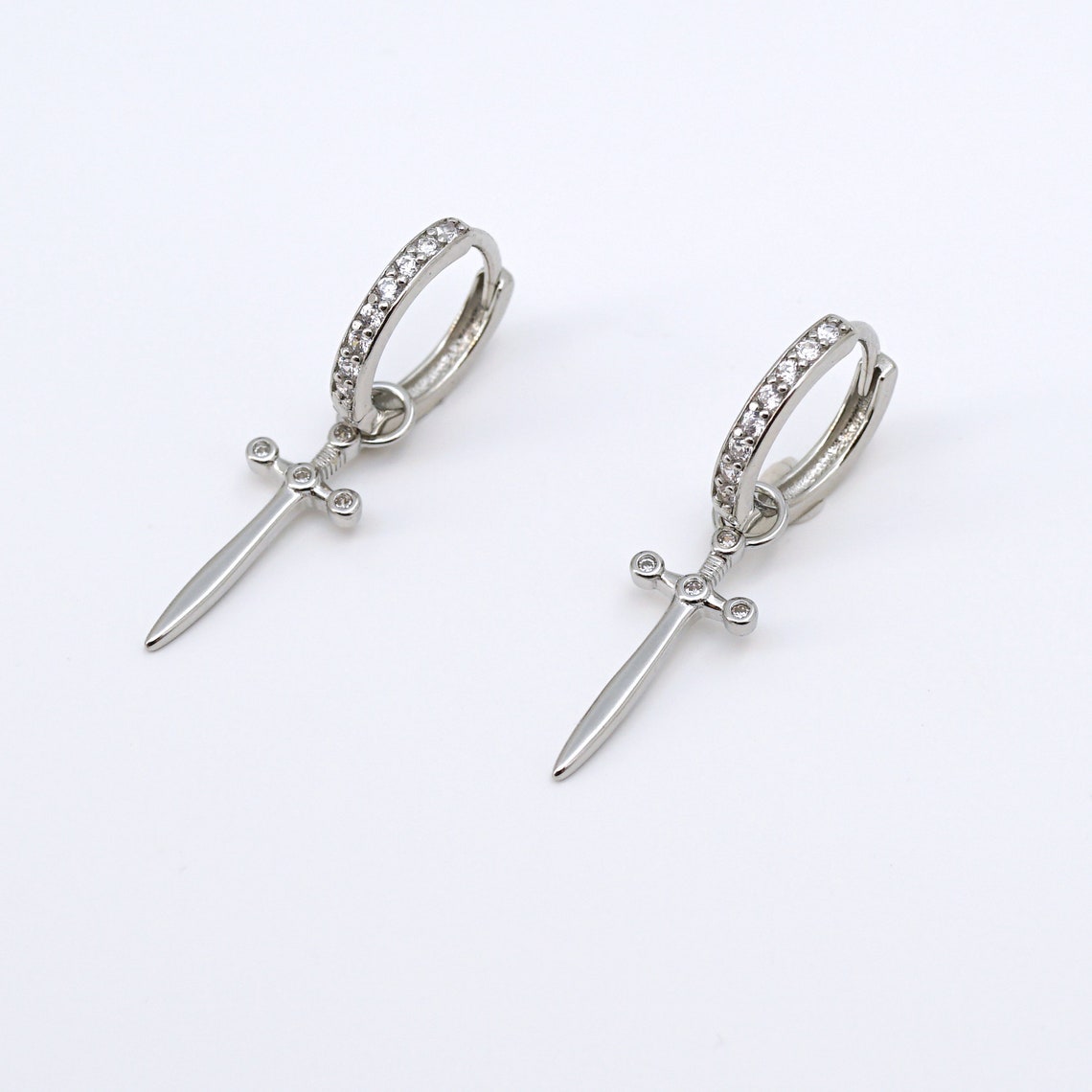 CZ Sword Dangle Hoop Earrings, Dagger Earrings