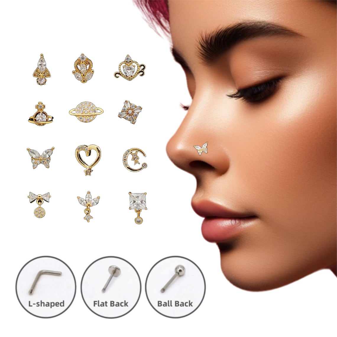 20G Butterfly CZ Nose Stud, L-Shaped Dangle Nose Ring