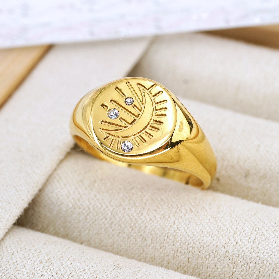 Butterfly Signet Ring, Gold Moon Ring