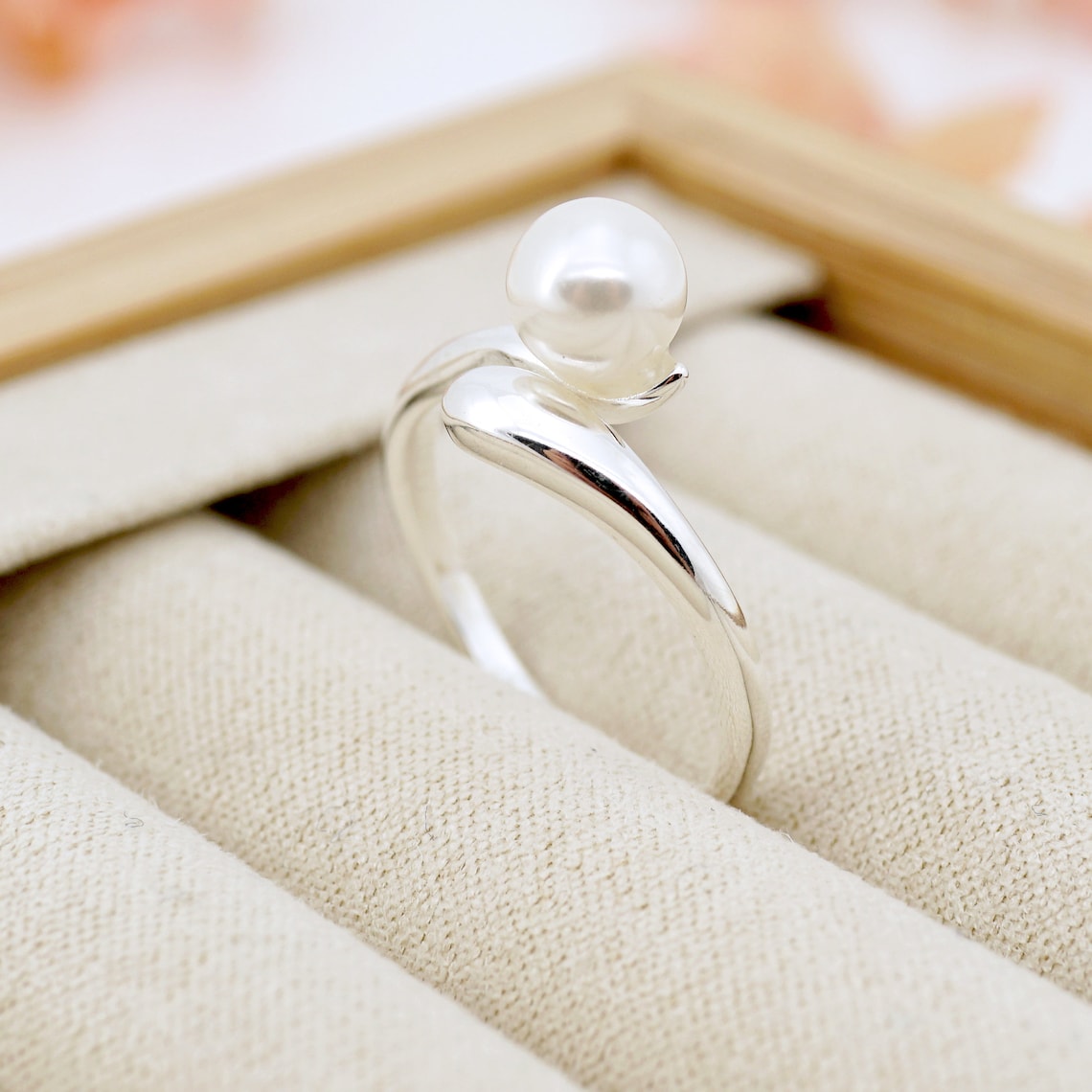 Adjustable Simple Pearl Ring, 925 Sterling Silver Ring