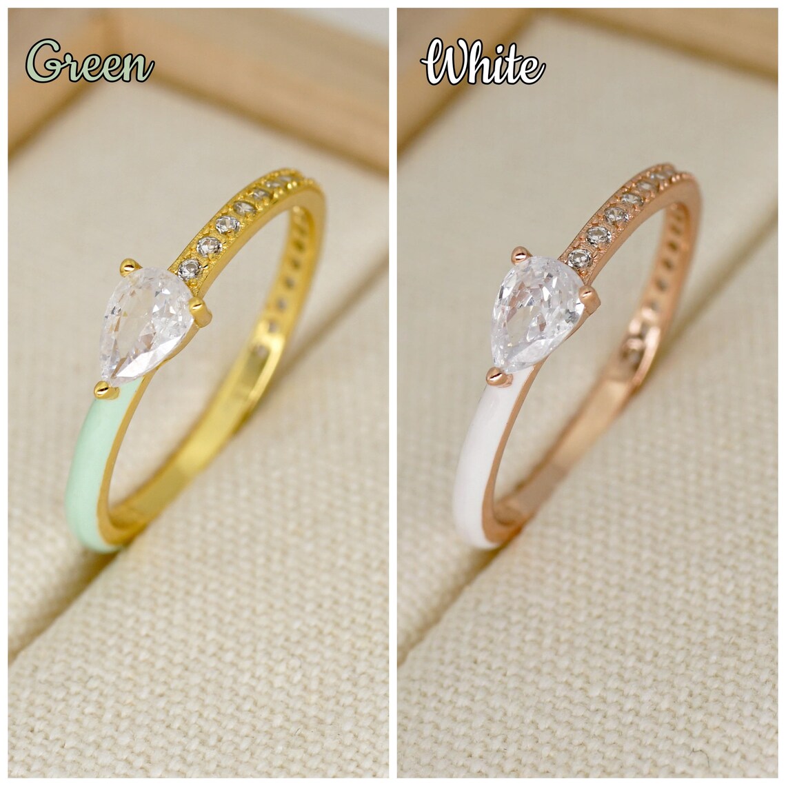 Heart/Teardrop Zirconia Colored Enamel Ring, Enamel Half Pave Ring