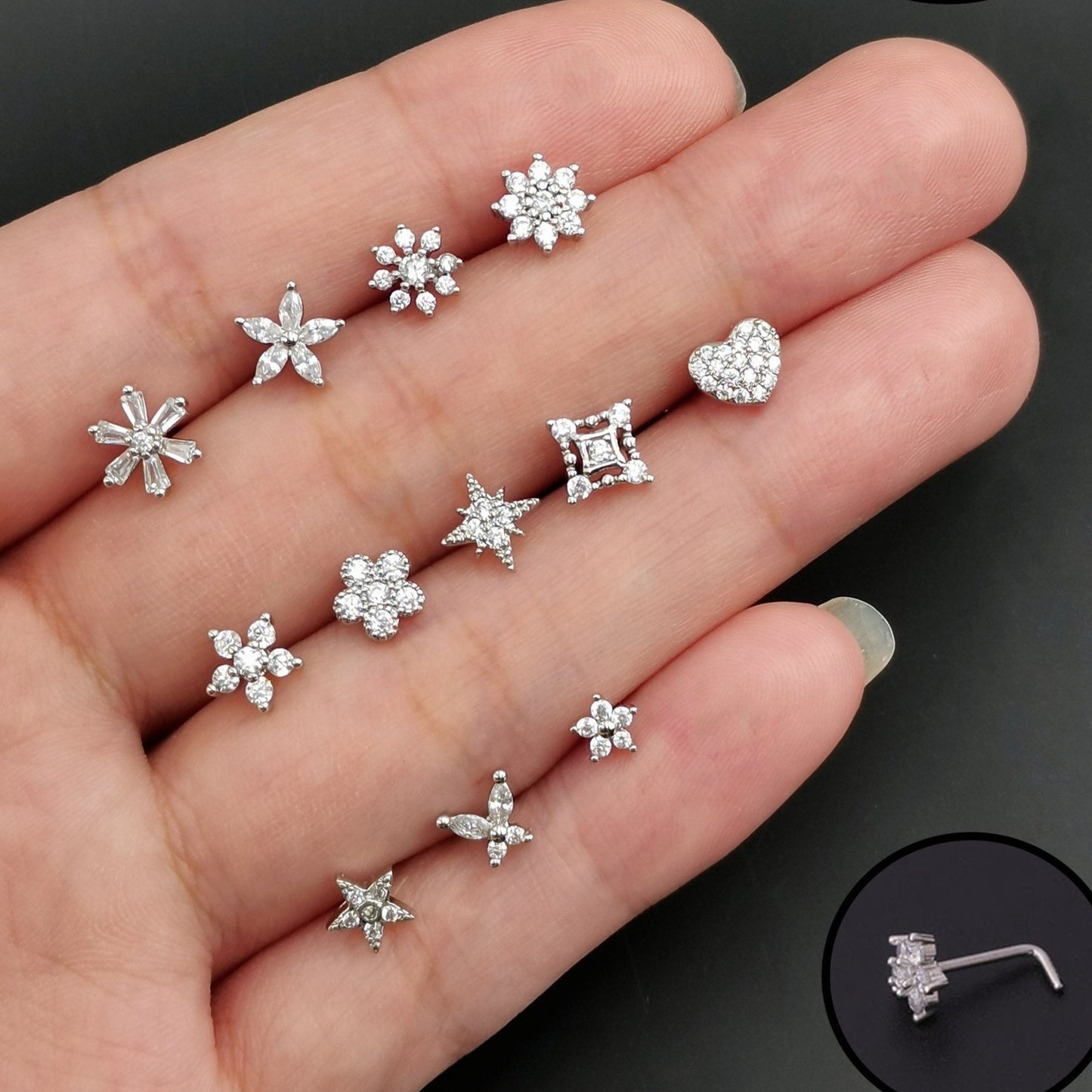 20G CZ Flower Nose Studs,  L-Shaped Nose Rings