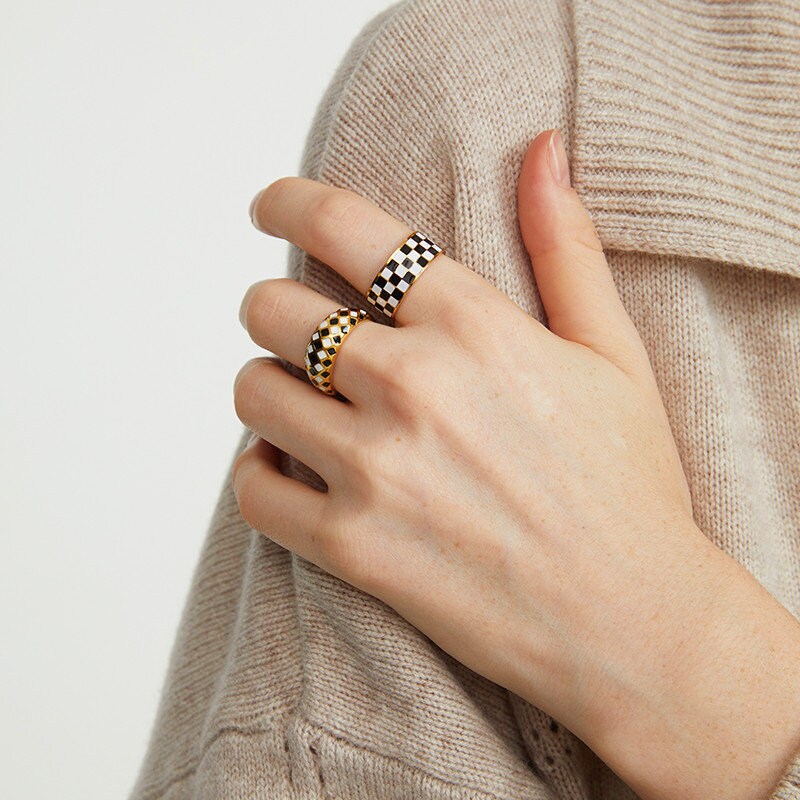 Statement Checker Ring, White and Black Checkerboard Signet Ring