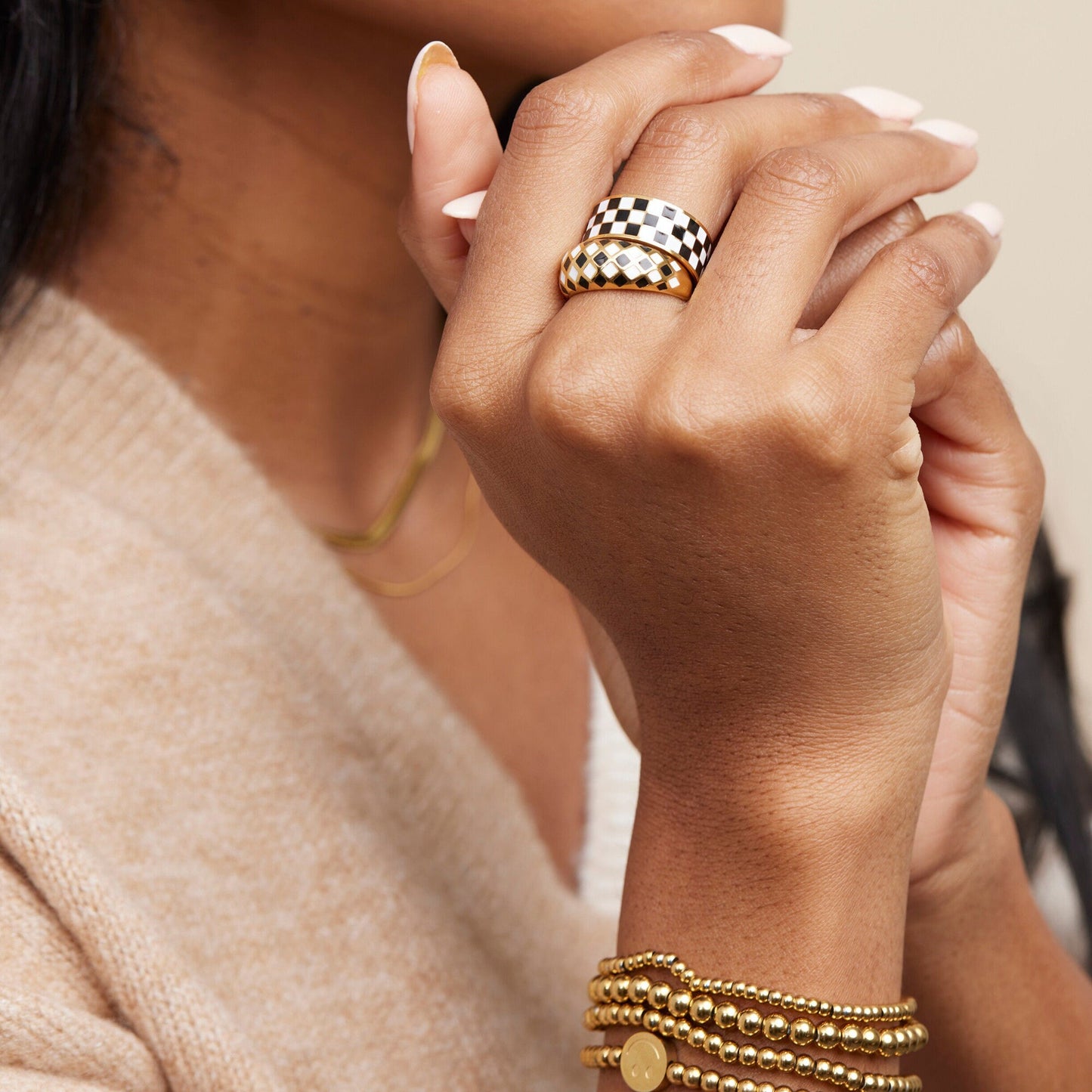 Statement Checker Ring, White and Black Checkerboard Signet Ring