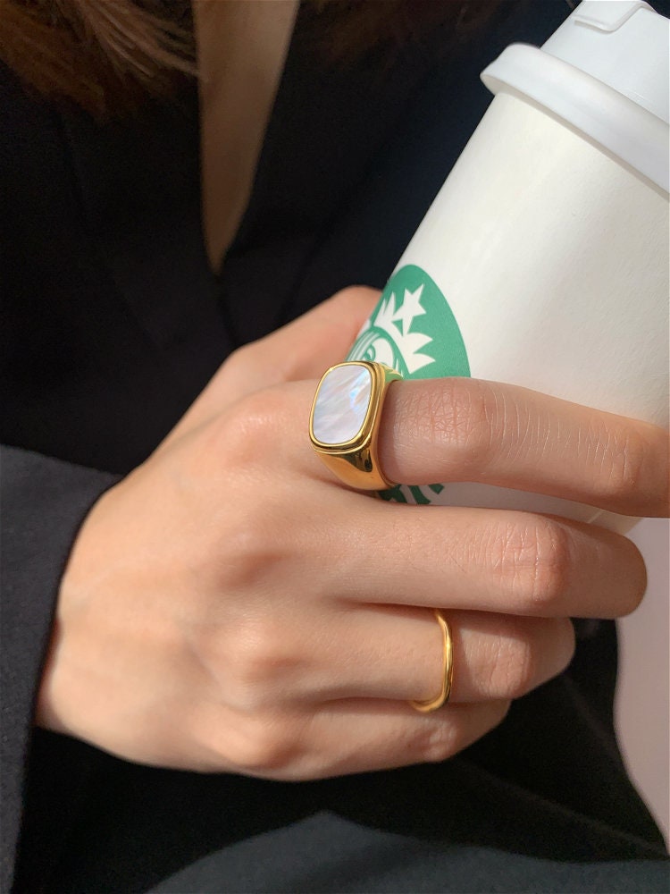 Chunky Gold Signet Ring, Mother-of-Pearl Ring